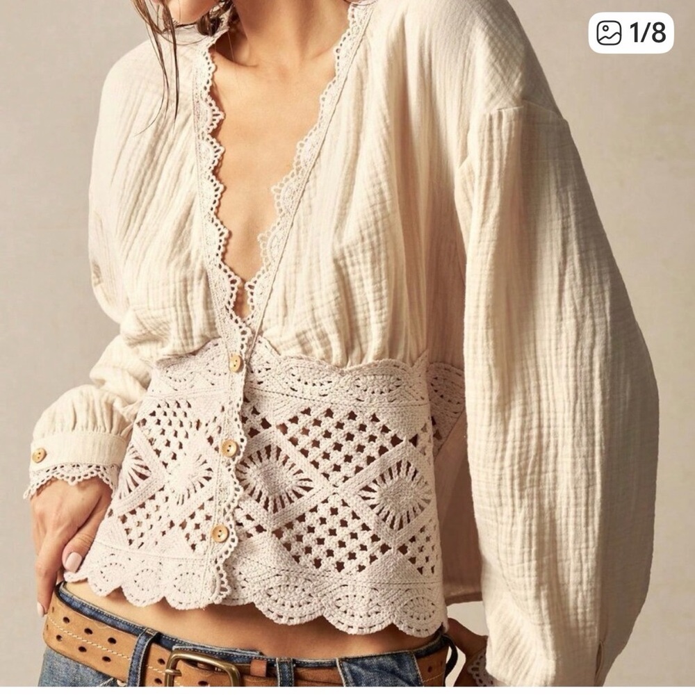 Apricot Casual Women's Woven Patchwork Floral Lace V-Neck Lantern Sleeve Blouse